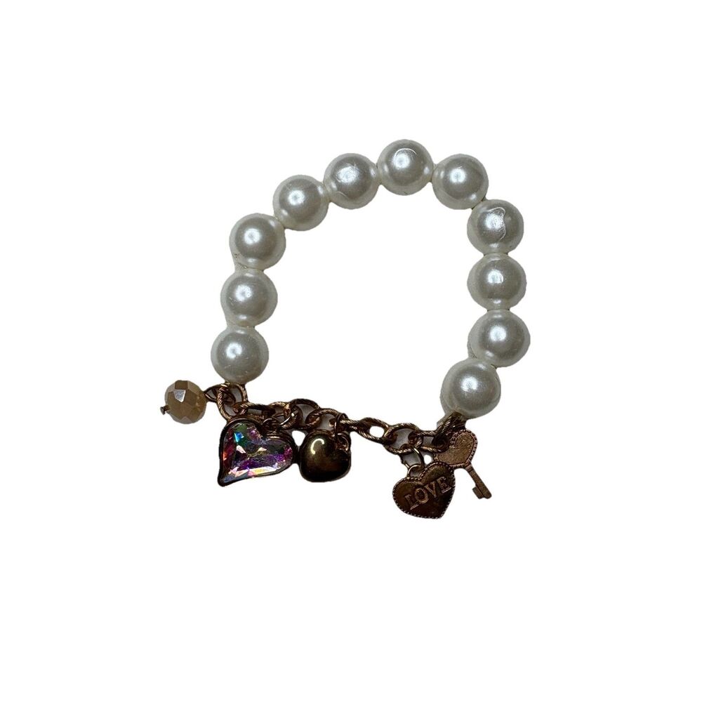 Vintage Style Pearl Charm Bracelet Chunky Heart Key Copper Tone Stretch